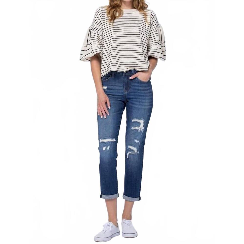 NEW JUDY BLUE some like it hot thermal patch boyfriend jeans in blue